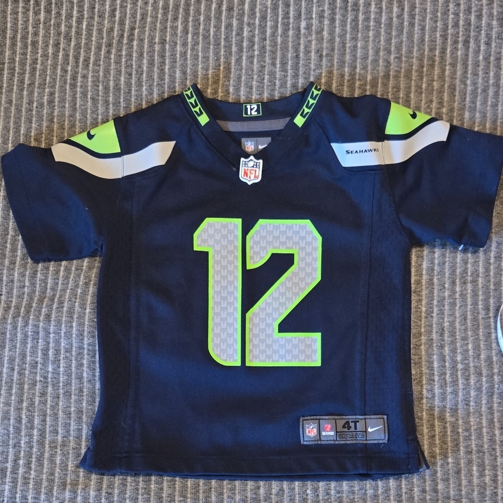 Nike Kids Seattle Seahawks #12 Navy with Neon Green Jersey Top